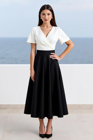 Black A Line V-Neck Midi Work Dress with Short Sleeves